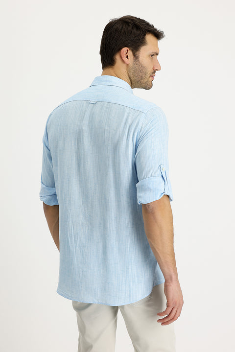 Su Mavisi Uzun Kol Regular Fit Desenli Keten Gömlek