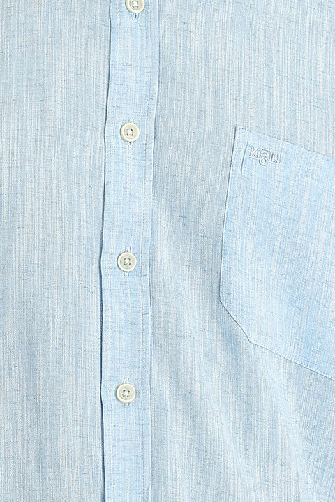 Su Mavisi Uzun Kol Regular Fit Desenli Keten Gömlek