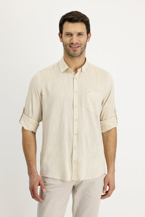 Orta Bej Uzun Kol Regular Fit Desenli Keten Gömlek