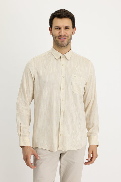 Orta Bej Uzun Kol Regular Fit Desenli Keten Gömlek