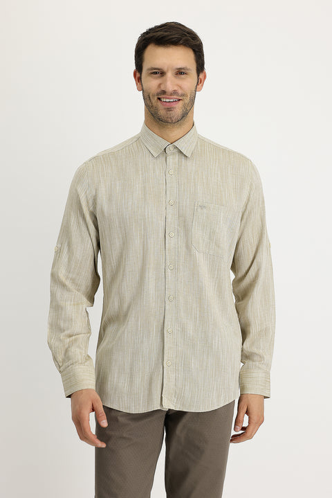 Koyu Bej Uzun Kol Regular Fit Desenli Keten Gömlek