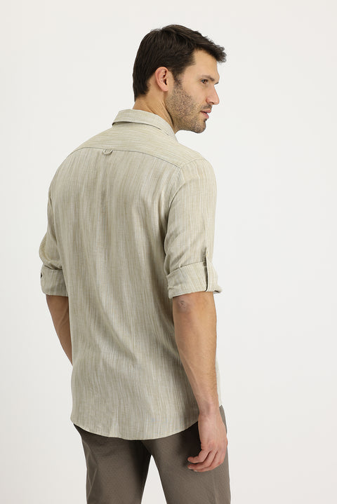 Koyu Bej Uzun Kol Regular Fit Desenli Keten Gömlek