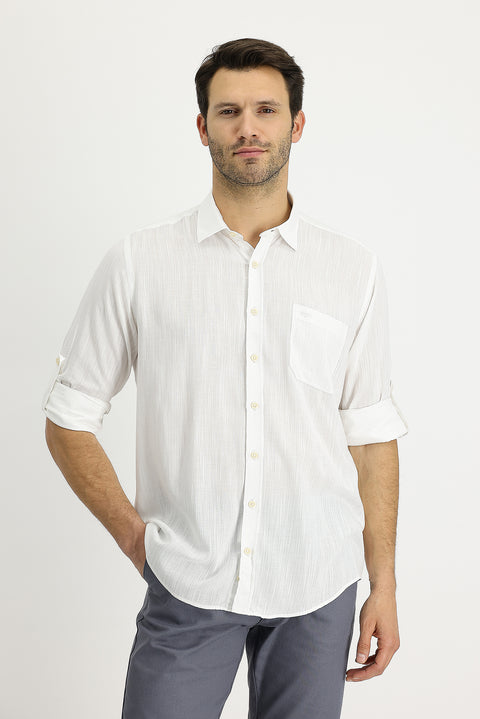 Beyaz Uzun Kol Regular Fit Desenli Keten Gömlek