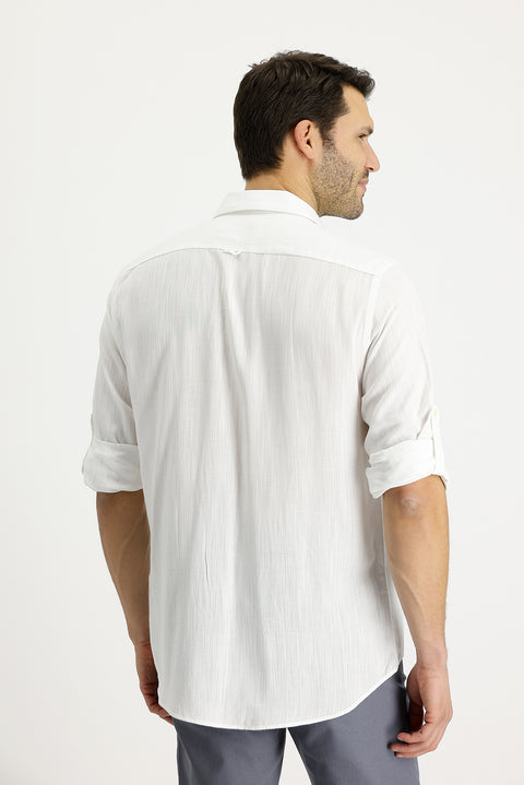 Beyaz Uzun Kol Regular Fit Desenli Keten Gömlek