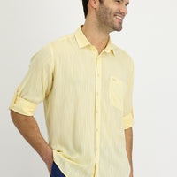 Limon Sarı Uzun Kol Regular Fit Desenli Keten Gömlek