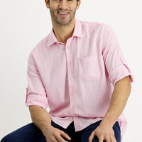 Orta Pembe Uzun Kol Regular Fit Desenli Keten Gömlek