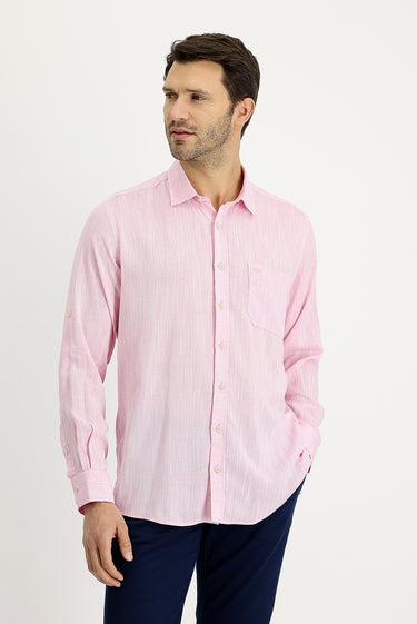  Orta Pembe Uzun Kol Regular Fit Desenli Keten Gömlek