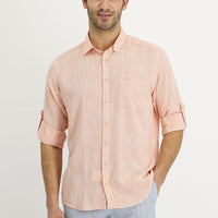 Açık Turuncu Uzun Kol Regular Fit Desenli Keten Gömlek