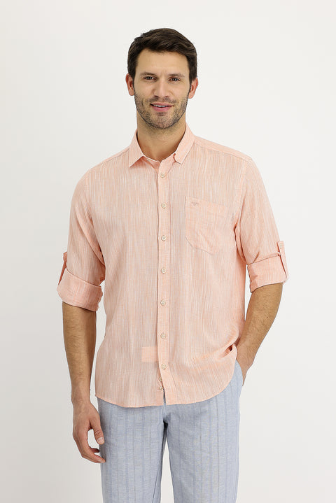 Açık Turuncu Uzun Kol Regular Fit Desenli Keten Gömlek