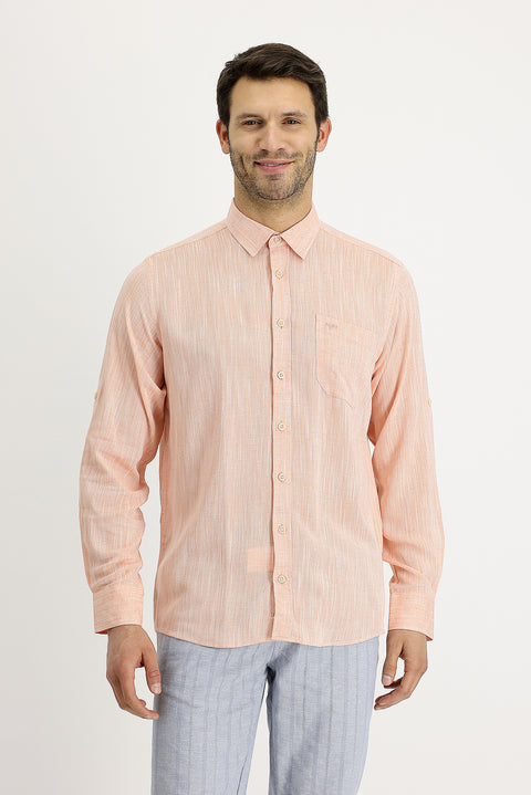 Açık Turuncu Uzun Kol Regular Fit Desenli Keten Gömlek