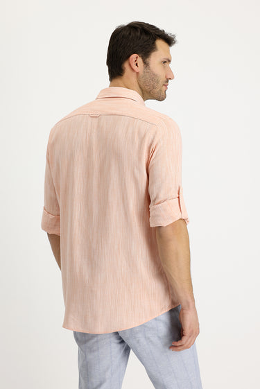 Açık Turuncu Uzun Kol Regular Fit Desenli Keten Gömlek