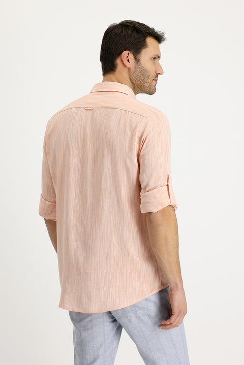 Açık Turuncu Uzun Kol Regular Fit Desenli Keten Gömlek