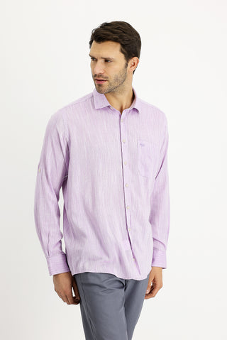  Lila Uzun Kol Regular Fit Desenli Keten Gömlek-Ki??l?