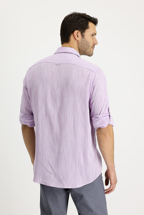 Lila Uzun Kol Regular Fit Desenli Keten Gömlek