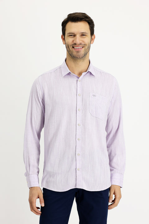 Açık Mor Uzun Kol Regular Fit Desenli Keten Gömlek