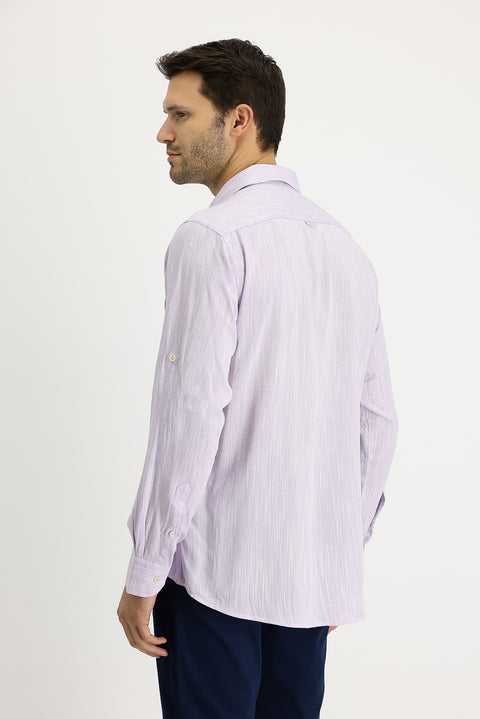 Açık Mor Uzun Kol Regular Fit Desenli Keten Gömlek