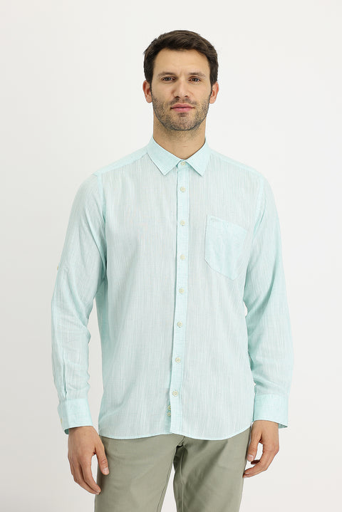 Su Yeşili Uzun Kol Regular Fit Desenli Keten Gömlek