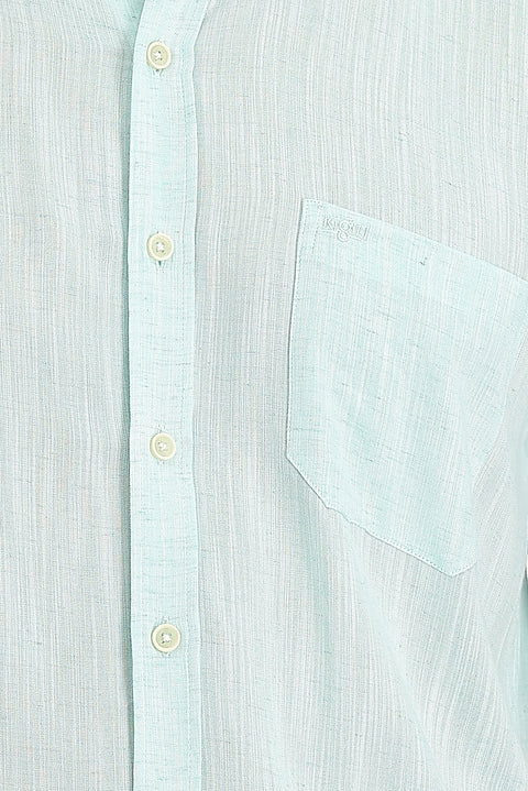 Su Yeşili Uzun Kol Regular Fit Desenli Keten Gömlek