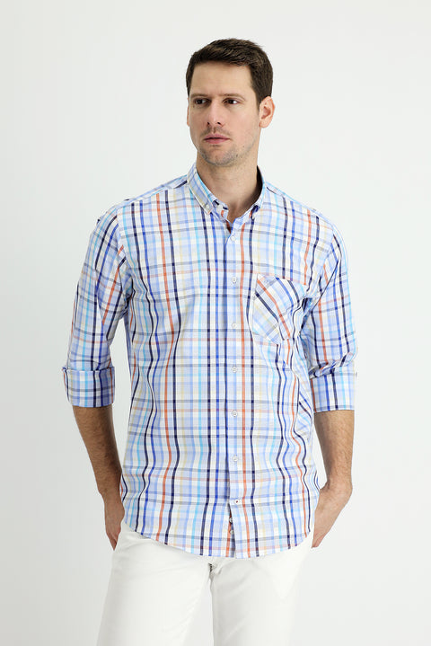 Blue Long Sleeve Regular Fit Plaid Cotton Shirt