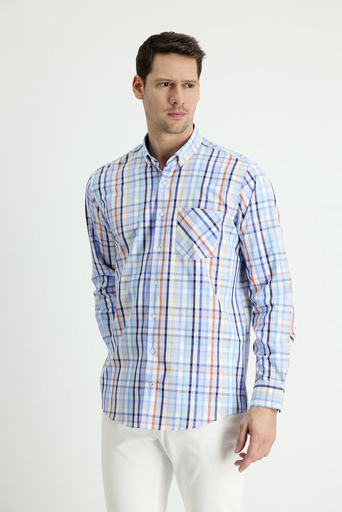 Blue Long Sleeve Regular Fit Plaid Cotton Shirt
