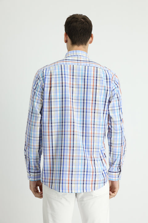 Blue Long Sleeve Regular Fit Plaid Cotton Shirt