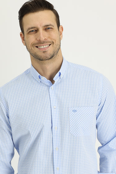 Açık Mavi Uzun Kol Regular Fit Ekose Pamuk Gömlek