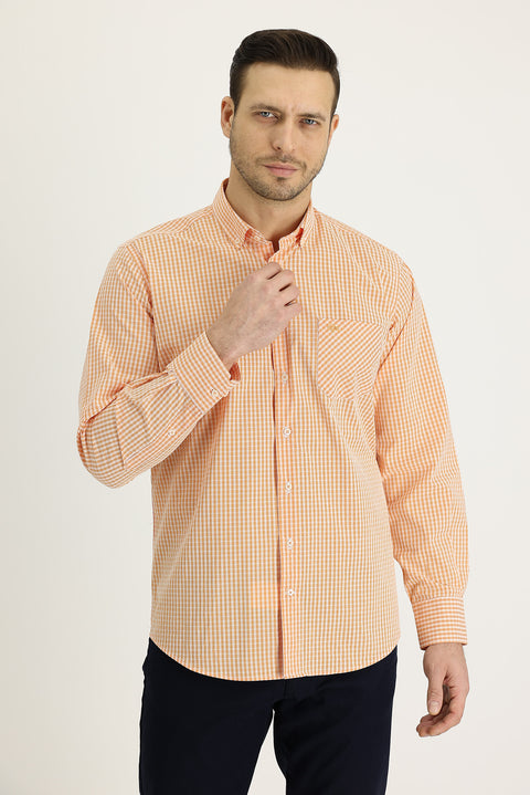 Orta Turuncu Uzun Kol Regular Fit Ekose Pamuk Gömlek