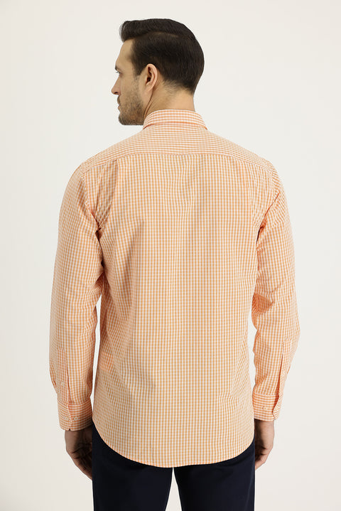 Orta Turuncu Uzun Kol Regular Fit Ekose Pamuk Gömlek