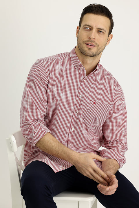 Koyu Kırmızı Uzun Kol Regular Fit Ekose Pamuk Gömlek