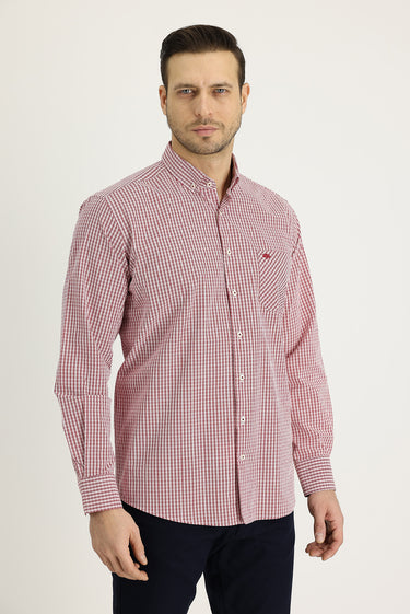 Koyu Kırmızı Uzun Kol Regular Fit Ekose Pamuk Gömlek