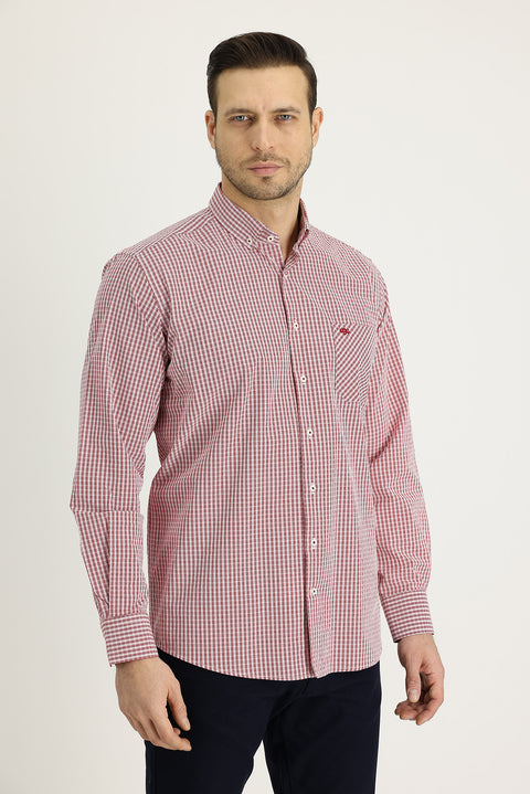 Koyu Kırmızı Uzun Kol Regular Fit Ekose Pamuk Gömlek