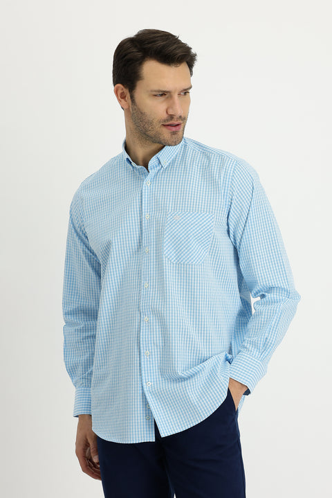 Açık Turkuaz Uzun Kol Regular Fit Ekose Pamuk Gömlek
