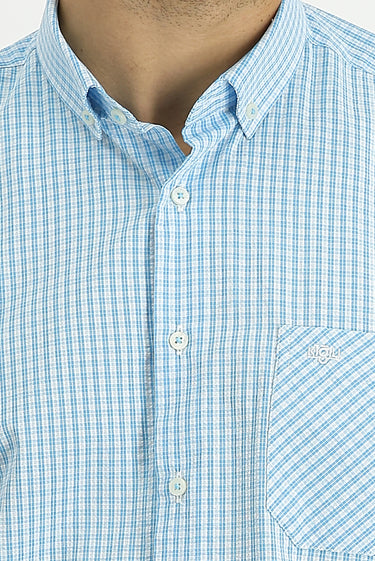 Açık Turkuaz Uzun Kol Regular Fit Ekose Pamuk Gömlek