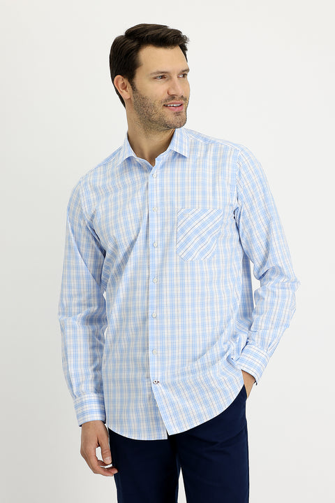 Uçuk Mavi Uzun Kol Regular Fit Ekose Pamuk Gömlek