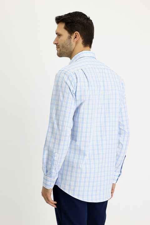 Uçuk Mavi Uzun Kol Regular Fit Ekose Pamuk Gömlek