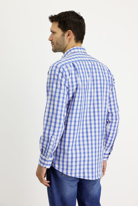 Saks Mavi Uzun Kol Regular Fit Ekose Pamuk Gömlek
