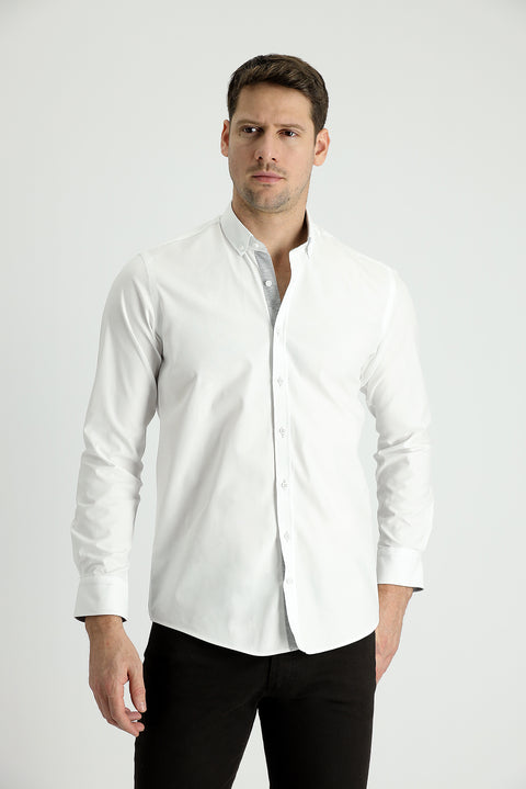 White Long Sleeve Slim Fit Narrow Cut Cotton Sports Shirt