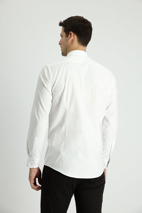 White Long Sleeve Slim Fit Narrow Cut Cotton Sports Shirt
