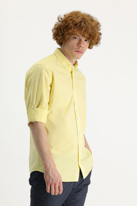 Limon Sarı Uzun Kol Slim Fit Dar Kesim Pamuk Gömlek