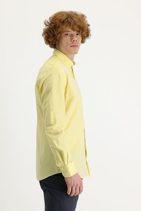 Limon Sarı Uzun Kol Slim Fit Dar Kesim Pamuk Gömlek