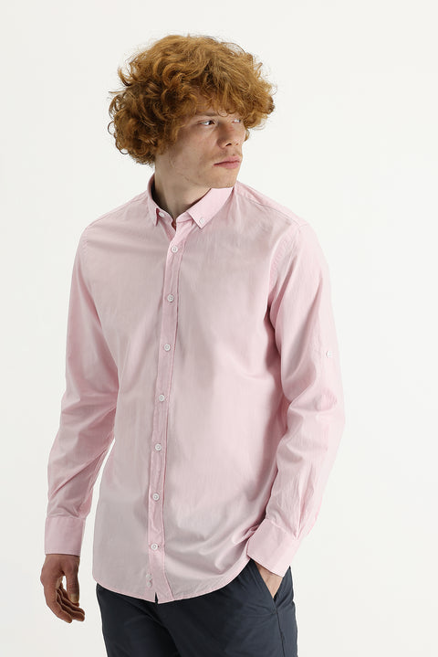 Toz Pembe Uzun Kol Slim Fit Dar Kesim Pamuk Gömlek