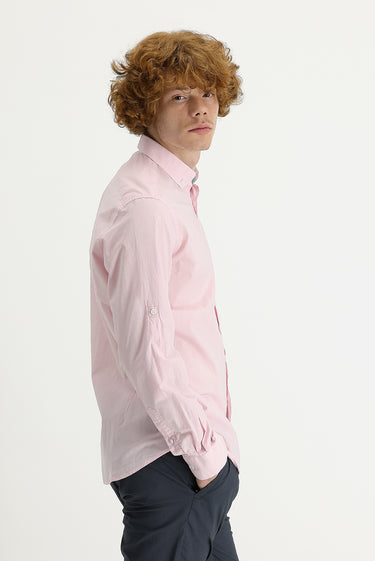 Toz Pembe Uzun Kol Slim Fit Dar Kesim Pamuk Gömlek