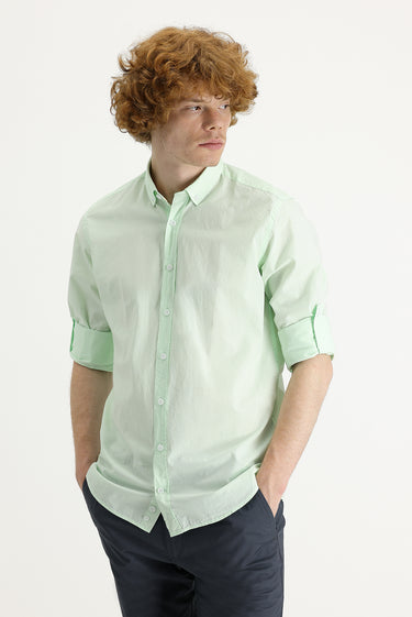 Mint Yeşili Uzun Kol Slim Fit Dar Kesim Pamuk Gömlek