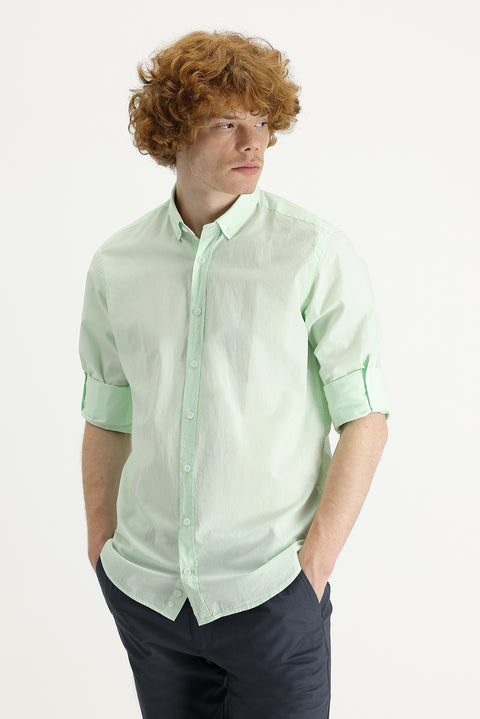 Mint Yeşili Uzun Kol Slim Fit Dar Kesim Pamuk Gömlek