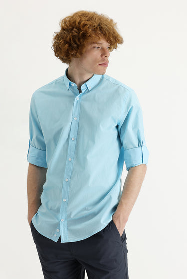 Orta Turkuaz Uzun Kol Slim Fit Dar Kesim Pamuk Gömlek