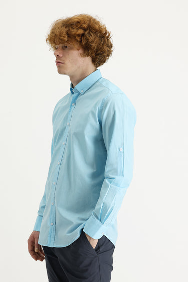 Orta Turkuaz Uzun Kol Slim Fit Dar Kesim Pamuk Gömlek