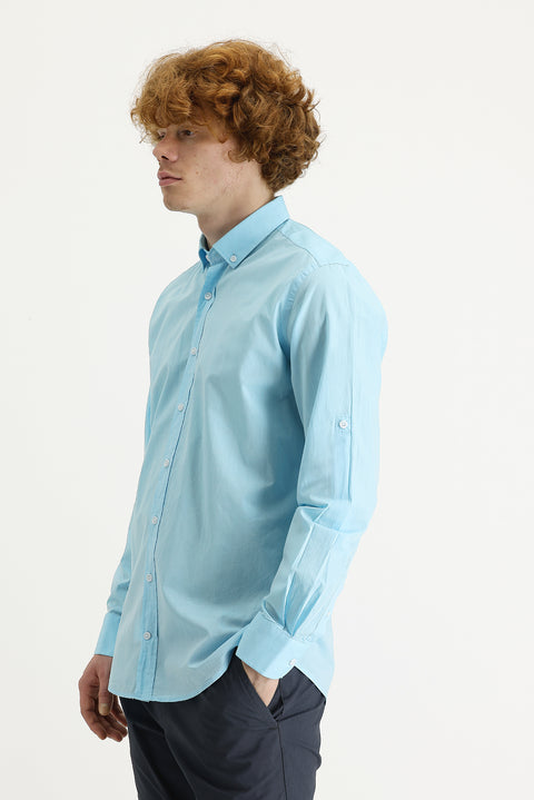 Orta Turkuaz Uzun Kol Slim Fit Dar Kesim Pamuk Gömlek