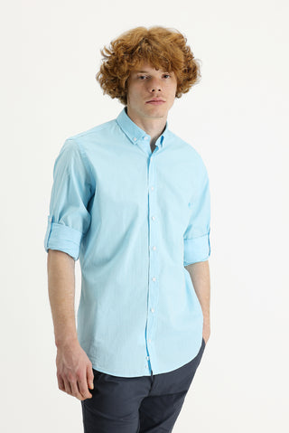 Orta Turkuaz Uzun Kol Slim Fit Dar Kesim Pamuk Gömlek