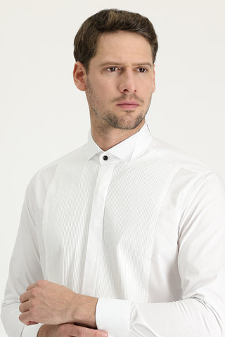  Beyaz Ata Yaka Slim Fit Dar Kesim Piliseli Pamuk Gömlek