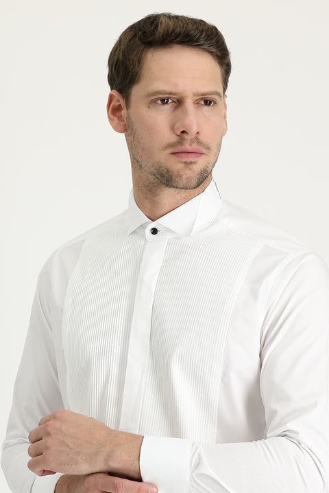Beyaz Ata Yaka Slim Fit Dar Kesim Piliseli Pamuk Gömlek